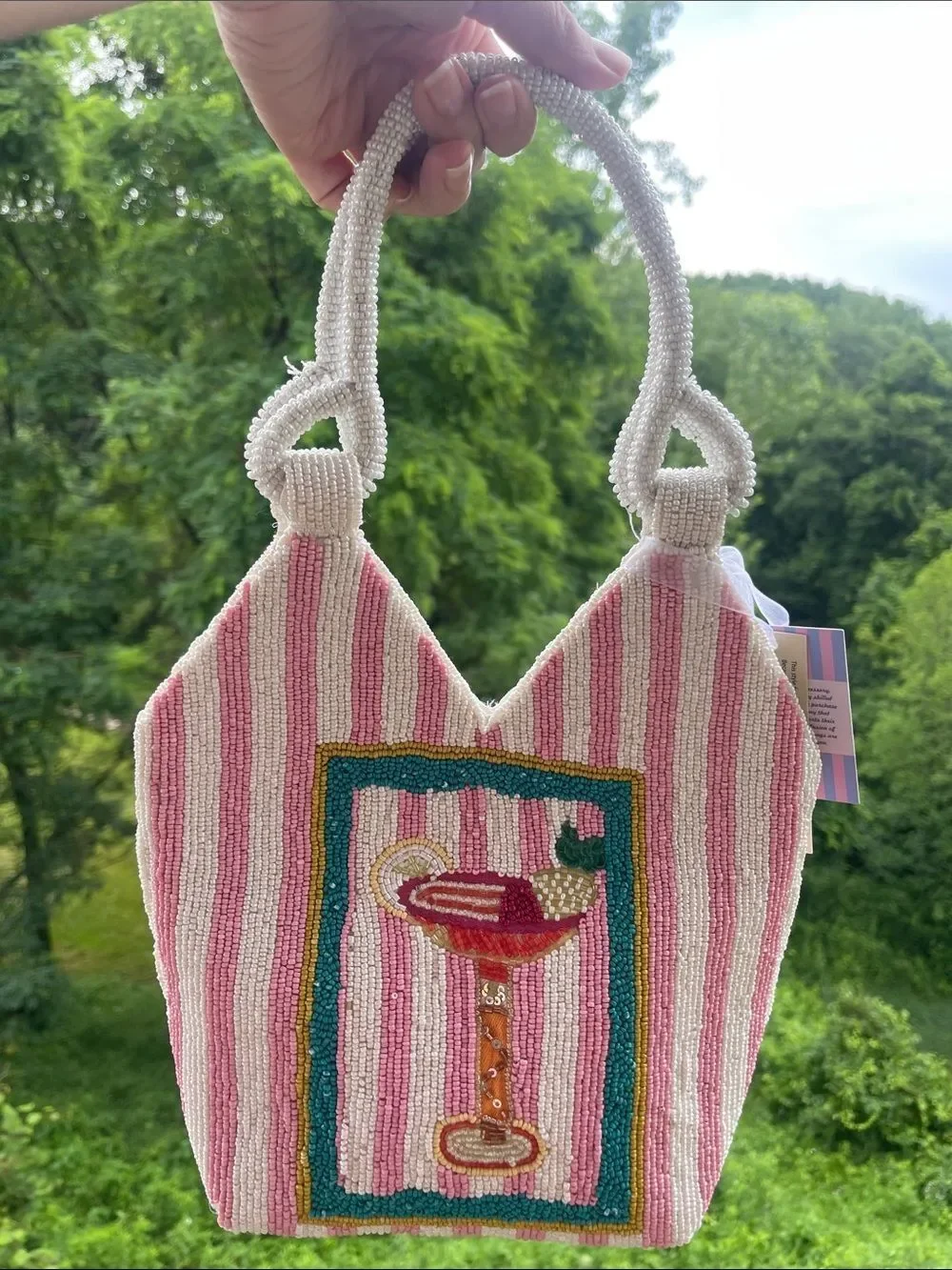 Viral Beaded Bag - Pink Stripe Cocktail Tote Bagel, unique beaded purse NWT